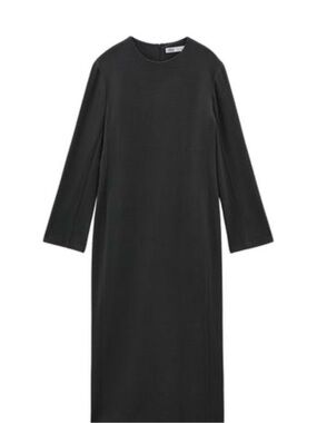 Zara Black Long-Sleeve Midi Shift Dress